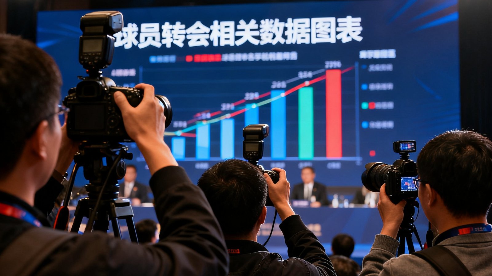冬季转会窗口新闻发布会现场，多家媒体记者举着相机拍摄，背景板上显示球员转会相关的数据图表，氛围紧张而充满期待。